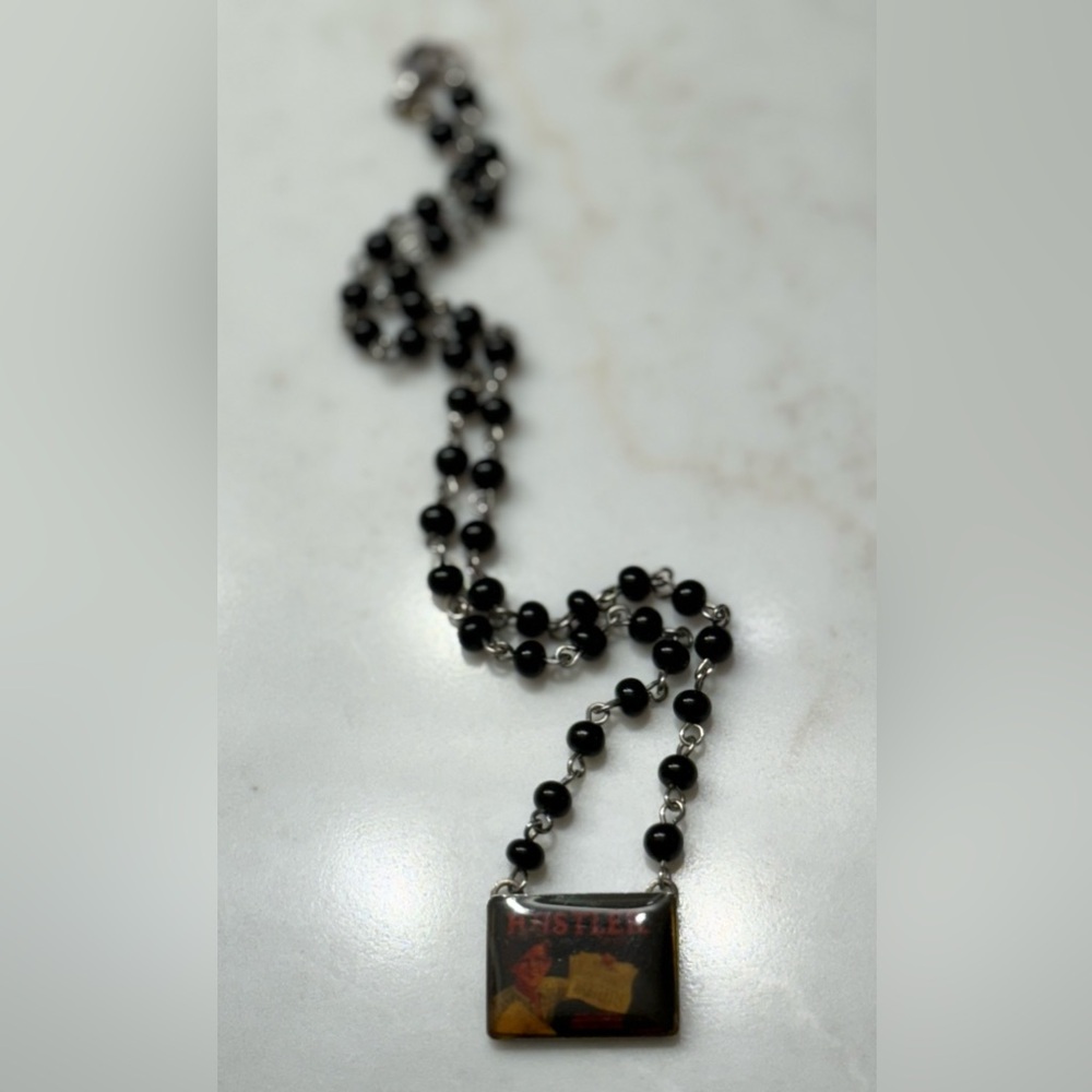“HUSTLER” Old school paper boy charm with sterling silver & onyx beads choker